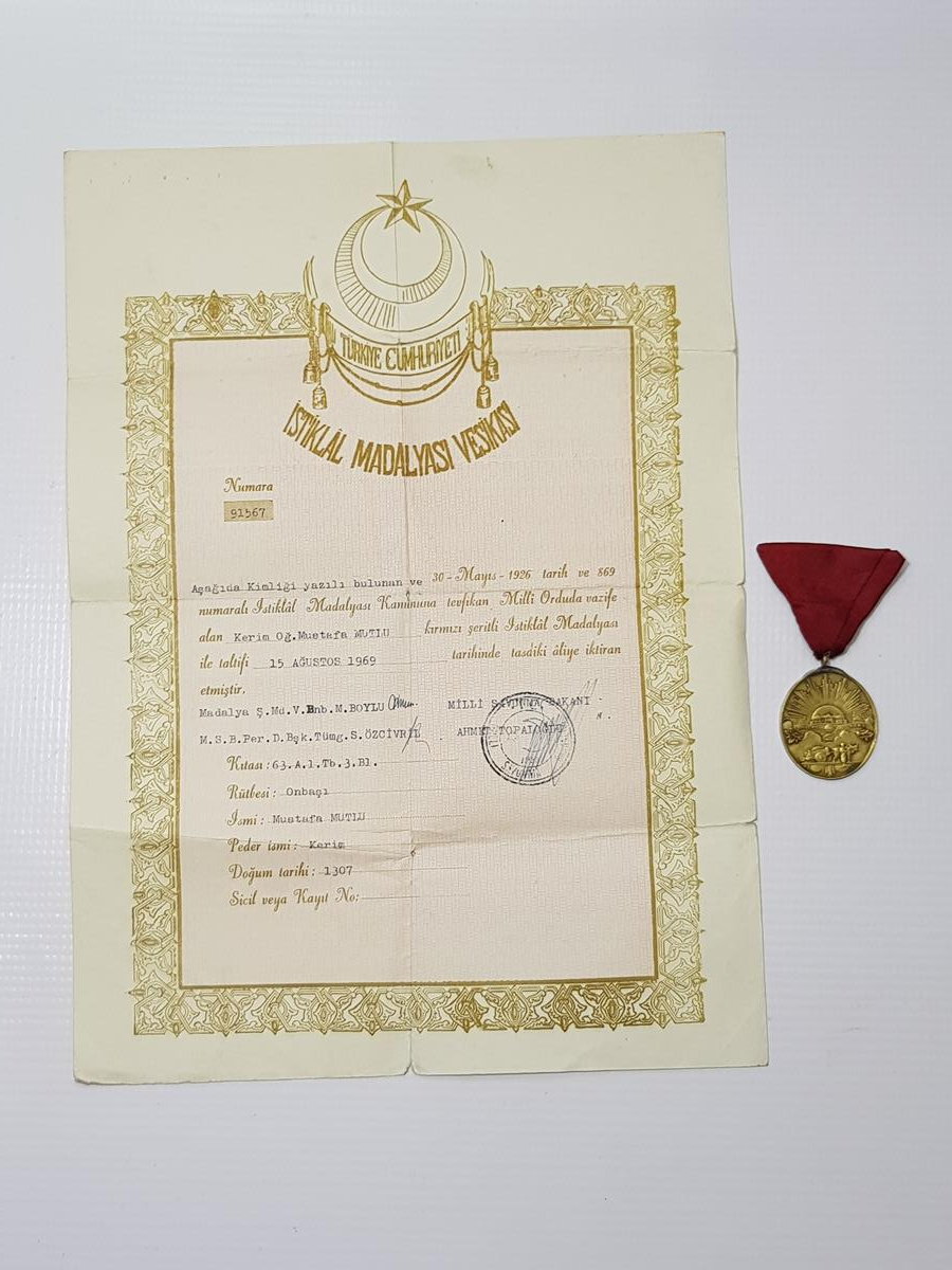 İSTİKLAL MADALYASI VE BERATI