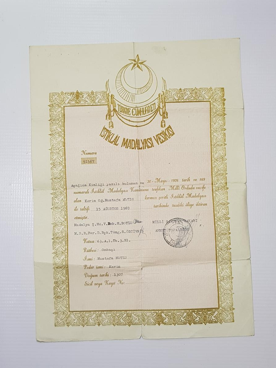 İSTİKLAL MADALYASI VE BERATI