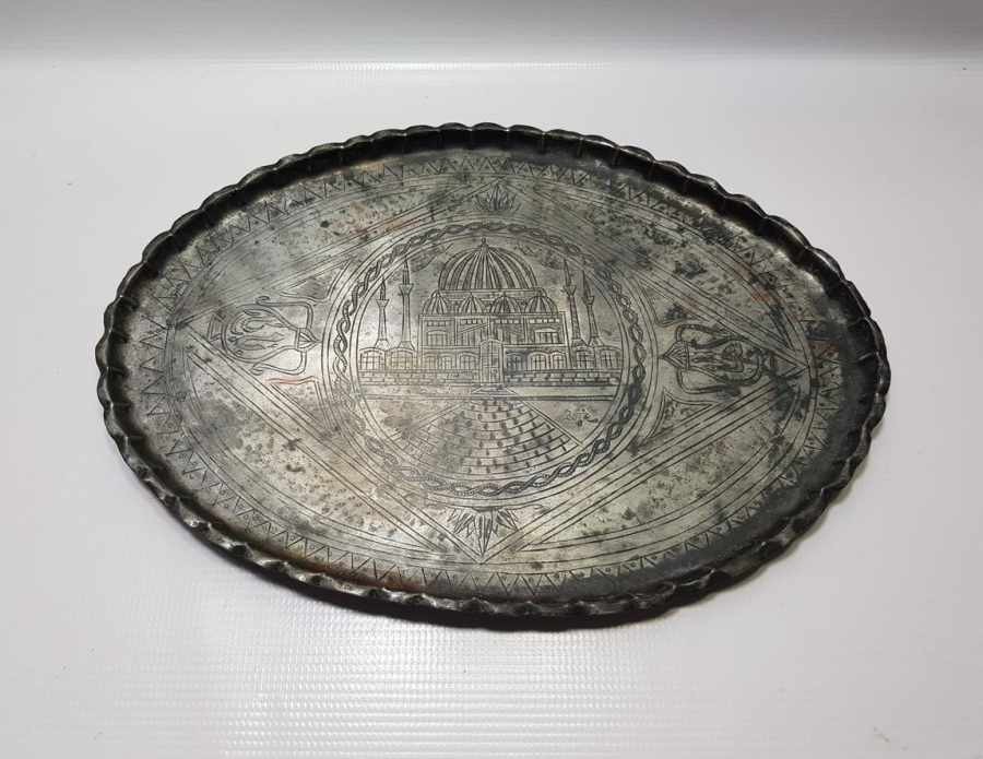OSMANLICA YAZILI VE CAMİ RESİMLİ ÇOK NADİR ESERİ İSTANBUL BAKIR TEPSİ 