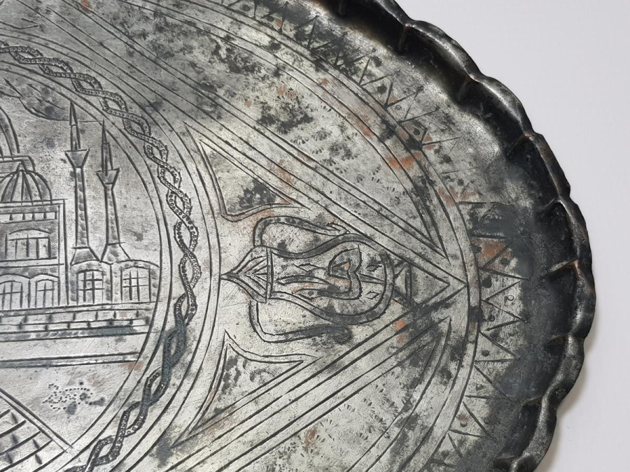 OSMANLICA YAZILI VE CAMİ RESİMLİ ÇOK NADİR ESERİ İSTANBUL BAKIR TEPSİ 