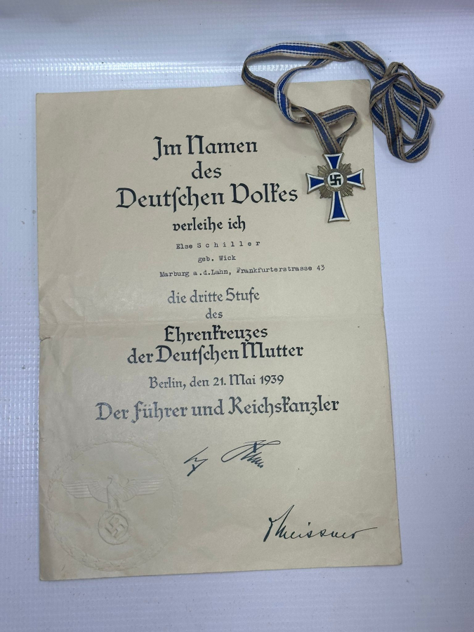 1939 NAZİ ALMAN ANNELİK ŞEREF MADALYASI VE BERATI