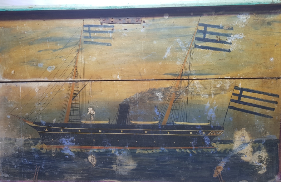 OSMANLI DÖNEMİ EL BOYAMA YUNAN BAYRAKLI GEMİ RESİMLİ SANDIK KAPAĞI