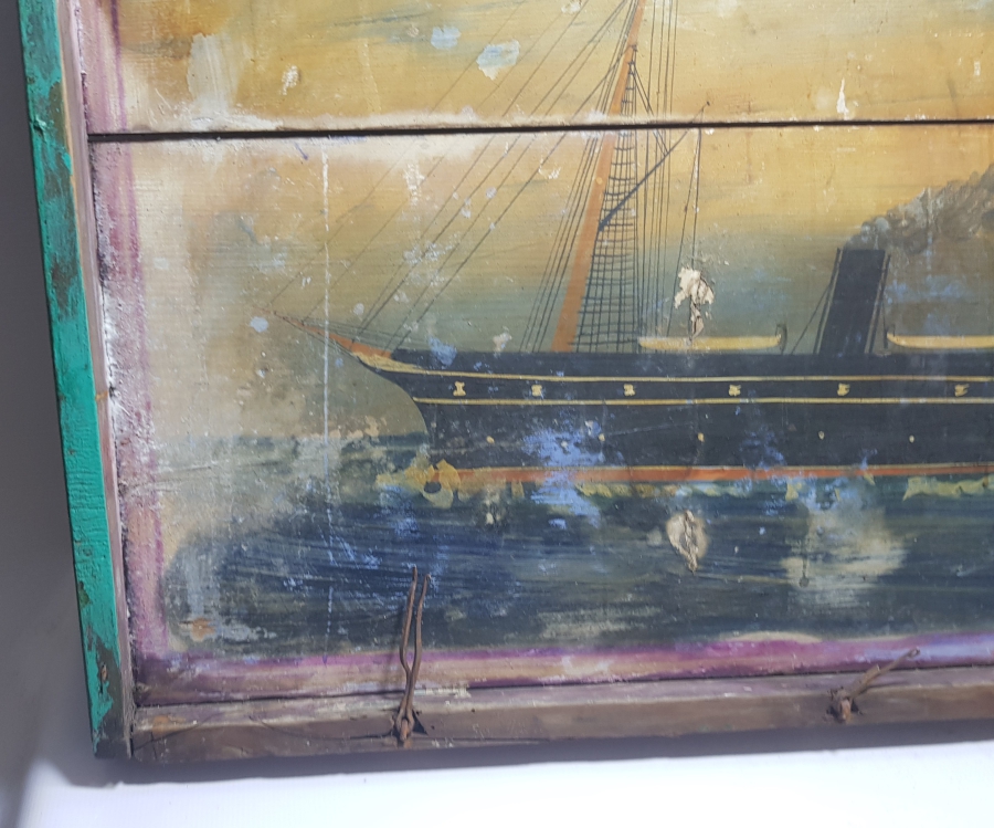 OSMANLI DÖNEMİ EL BOYAMA YUNAN BAYRAKLI GEMİ RESİMLİ SANDIK KAPAĞI