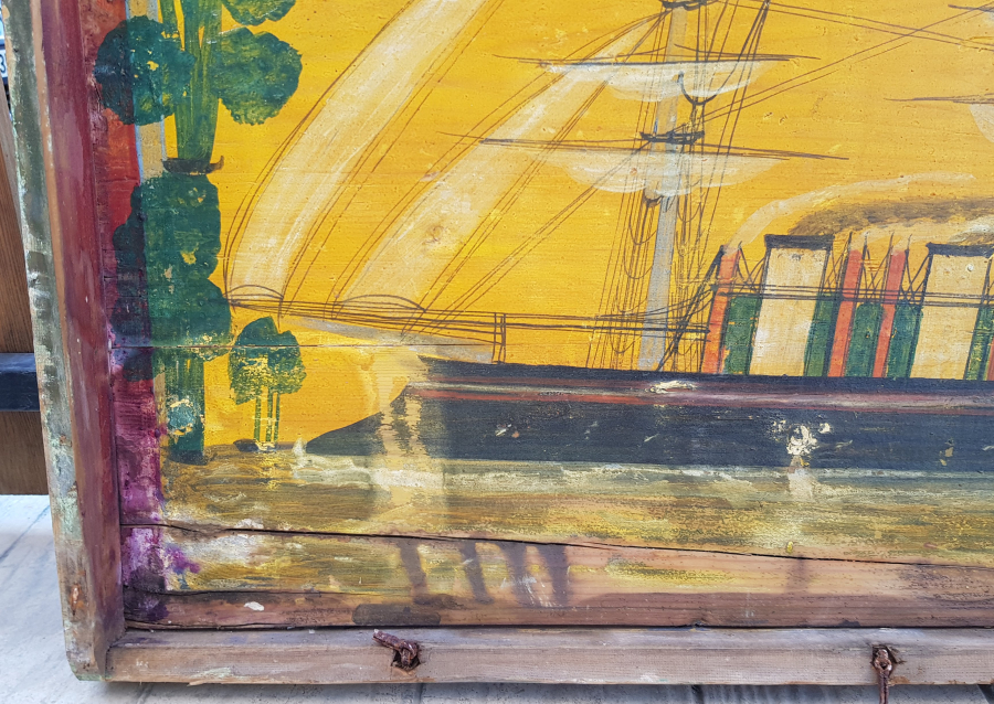 OSMANLI DÖNEMİ EL BOYAMA İTALYAN BAYRAKLI GEMİ RESİMLİ ÇOK NADİR SANDIK KAPAĞI