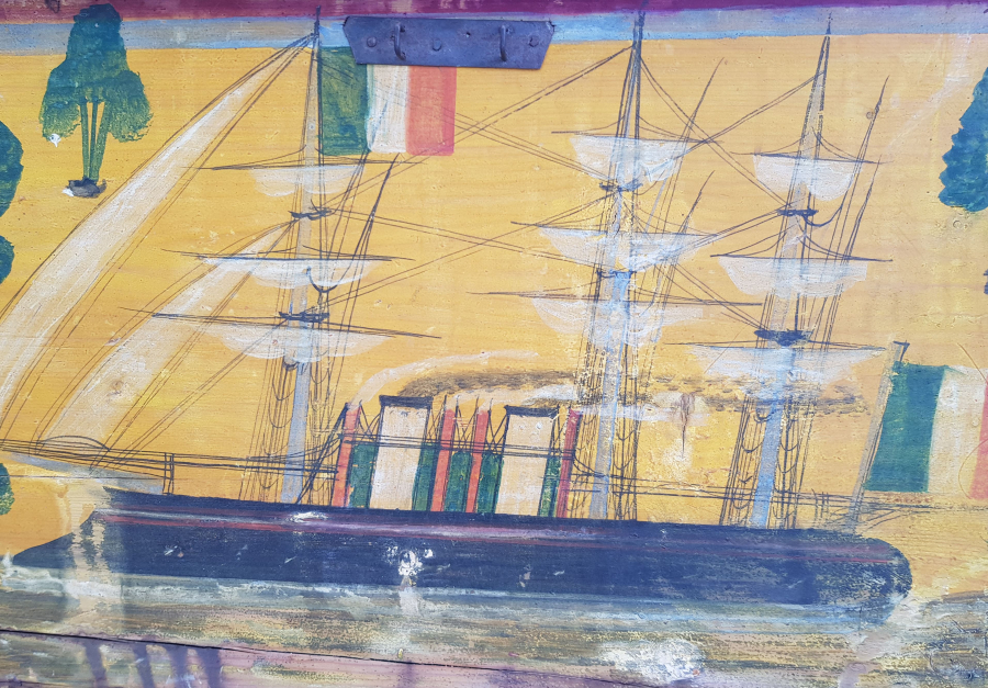 OSMANLI DÖNEMİ EL BOYAMA İTALYAN BAYRAKLI GEMİ RESİMLİ ÇOK NADİR SANDIK KAPAĞI