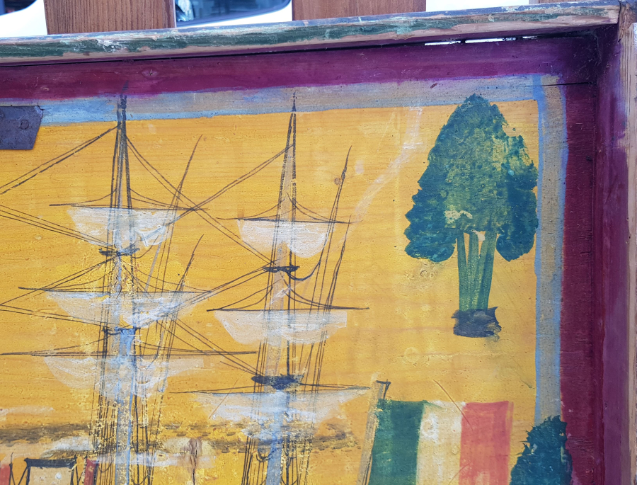 OSMANLI DÖNEMİ EL BOYAMA İTALYAN BAYRAKLI GEMİ RESİMLİ ÇOK NADİR SANDIK KAPAĞI