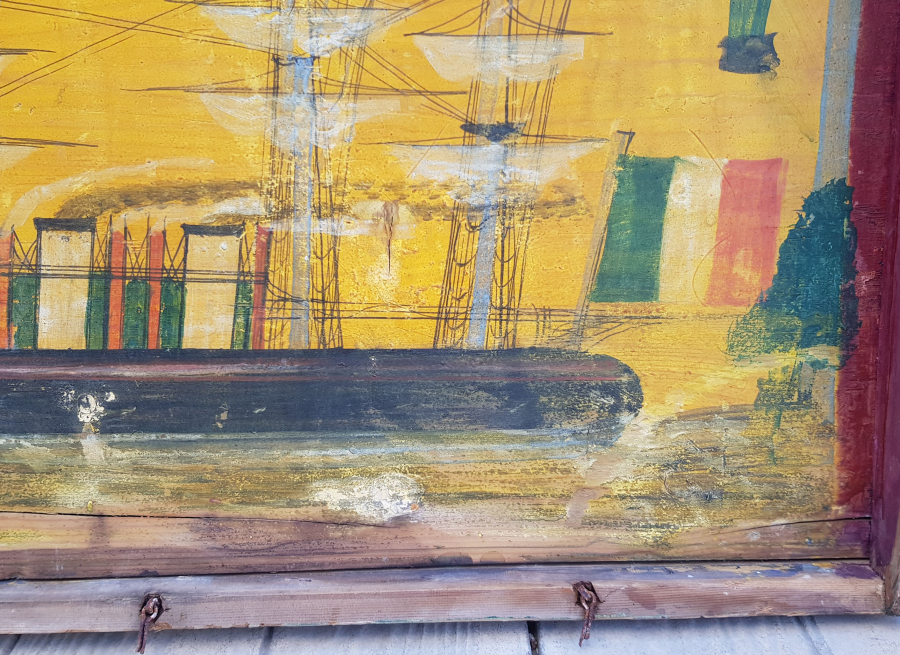 OSMANLI DÖNEMİ EL BOYAMA İTALYAN BAYRAKLI GEMİ RESİMLİ ÇOK NADİR SANDIK KAPAĞI