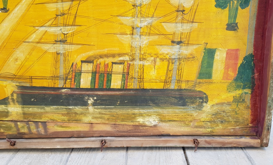 OSMANLI DÖNEMİ EL BOYAMA İTALYAN BAYRAKLI GEMİ RESİMLİ ÇOK NADİR SANDIK KAPAĞI