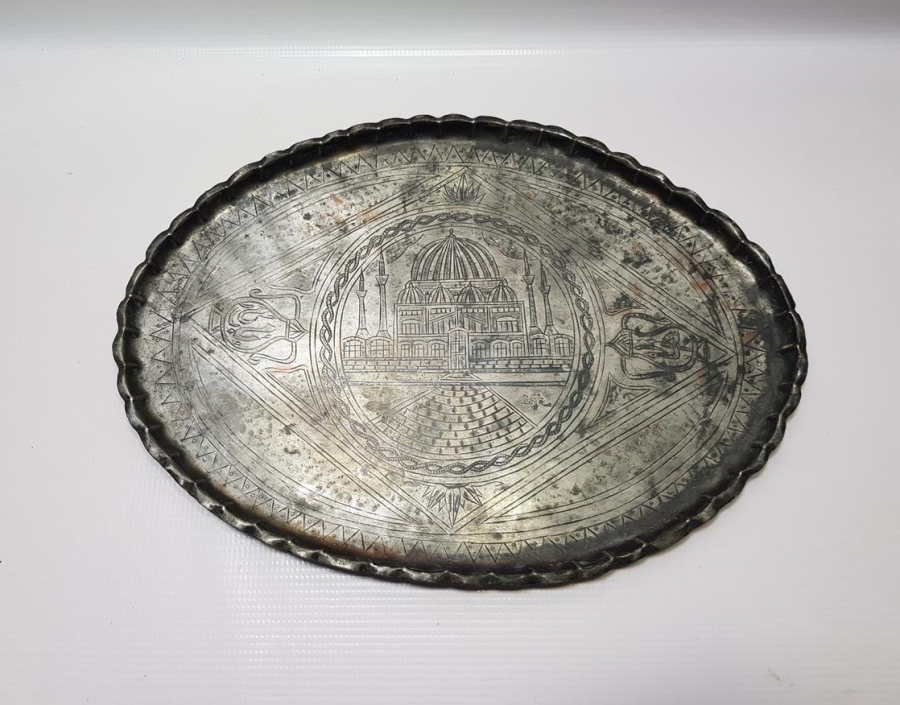 OSMANLICA YAZILI VE CAMİ RESİMLİ ÇOK NADİR ESERİ İSTANBUL BAKIR TEPSİ