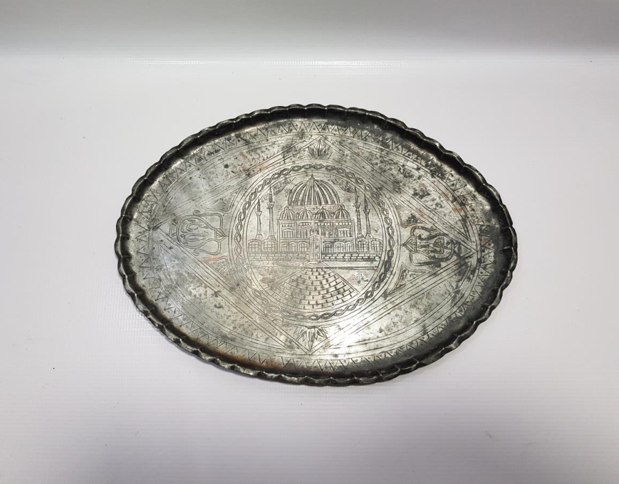 OSMANLICA YAZILI VE CAMİ RESİMLİ ÇOK NADİR ESERİ İSTANBUL BAKIR TEPSİ