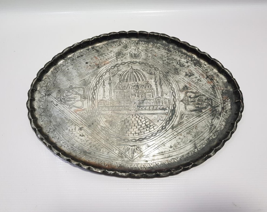 OSMANLICA YAZILI VE CAMİ RESİMLİ ÇOK NADİR ESERİ İSTANBUL BAKIR TEPSİ