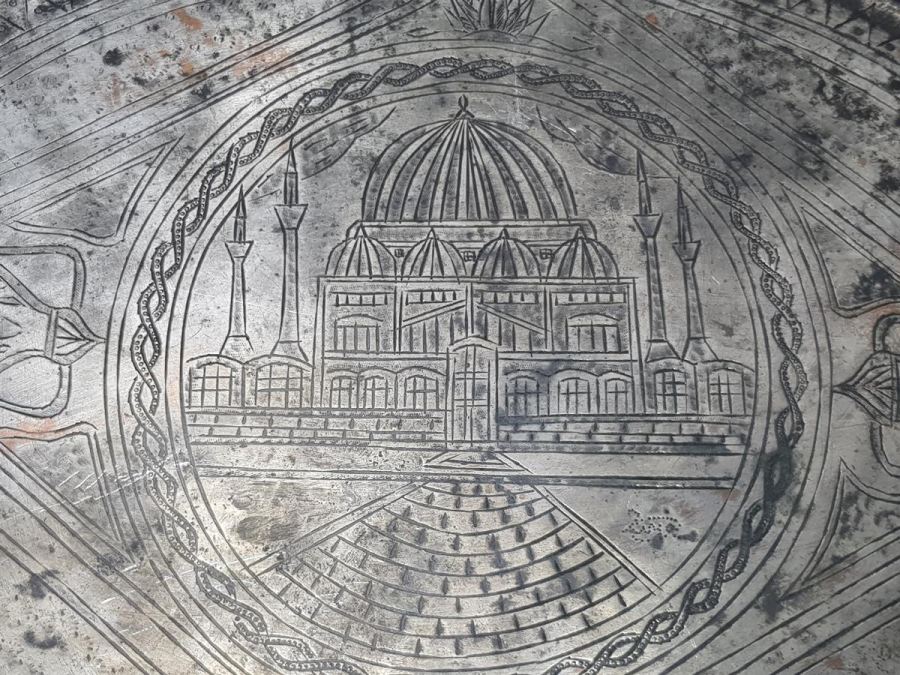 OSMANLICA YAZILI VE CAMİ RESİMLİ ÇOK NADİR ESERİ İSTANBUL BAKIR TEPSİ