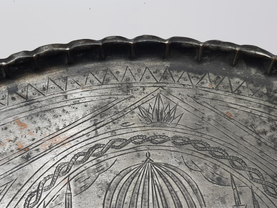 OSMANLICA YAZILI VE CAMİ RESİMLİ ÇOK NADİR ESERİ İSTANBUL BAKIR TEPSİ