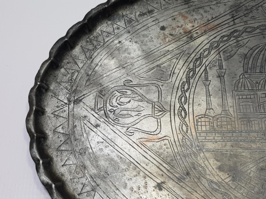 OSMANLICA YAZILI VE CAMİ RESİMLİ ÇOK NADİR ESERİ İSTANBUL BAKIR TEPSİ