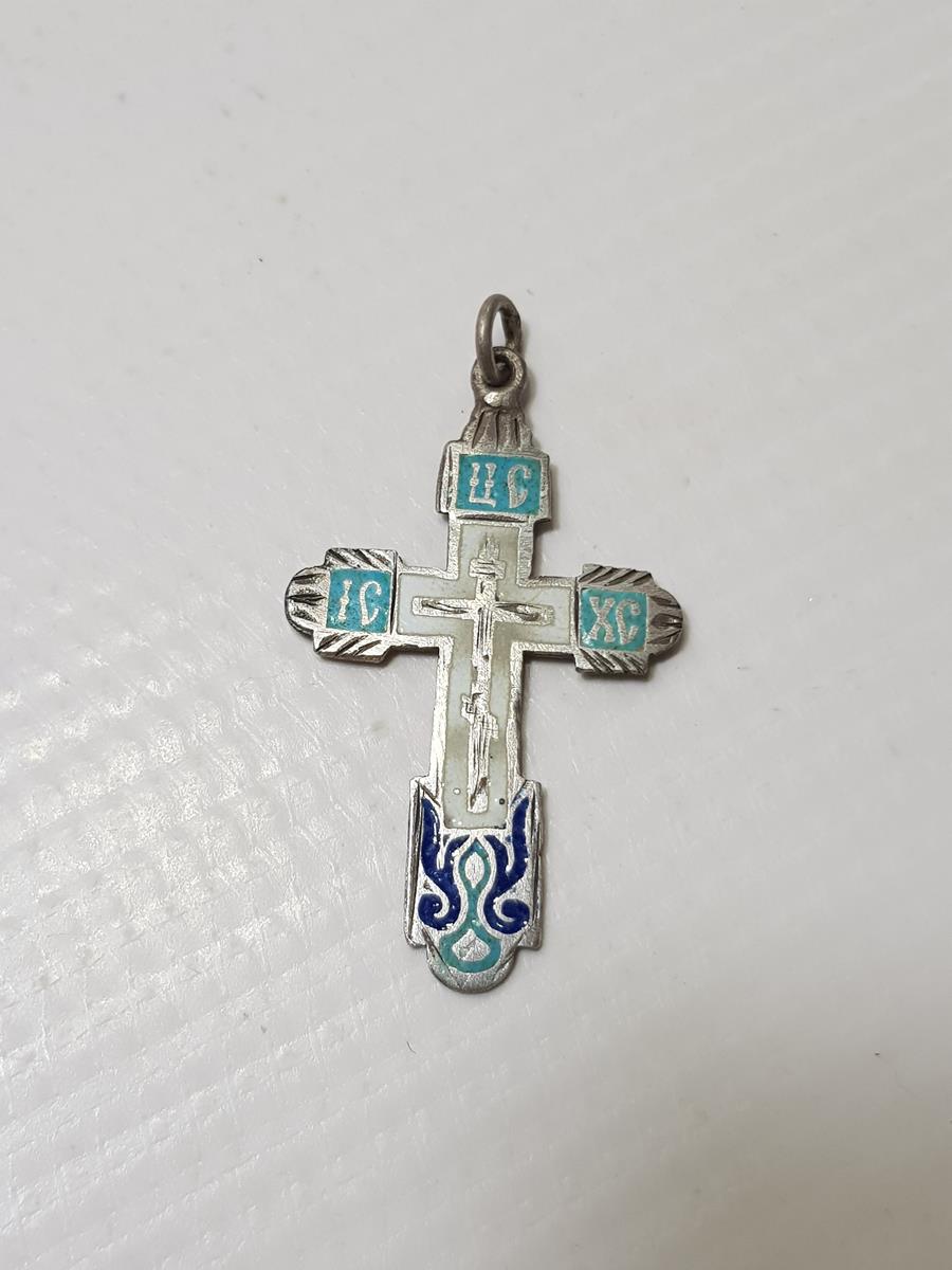 OSMANLI DÖNEMİ RUS İŞİ MİNELİ GÜMÜŞ HAÇ KOLYE