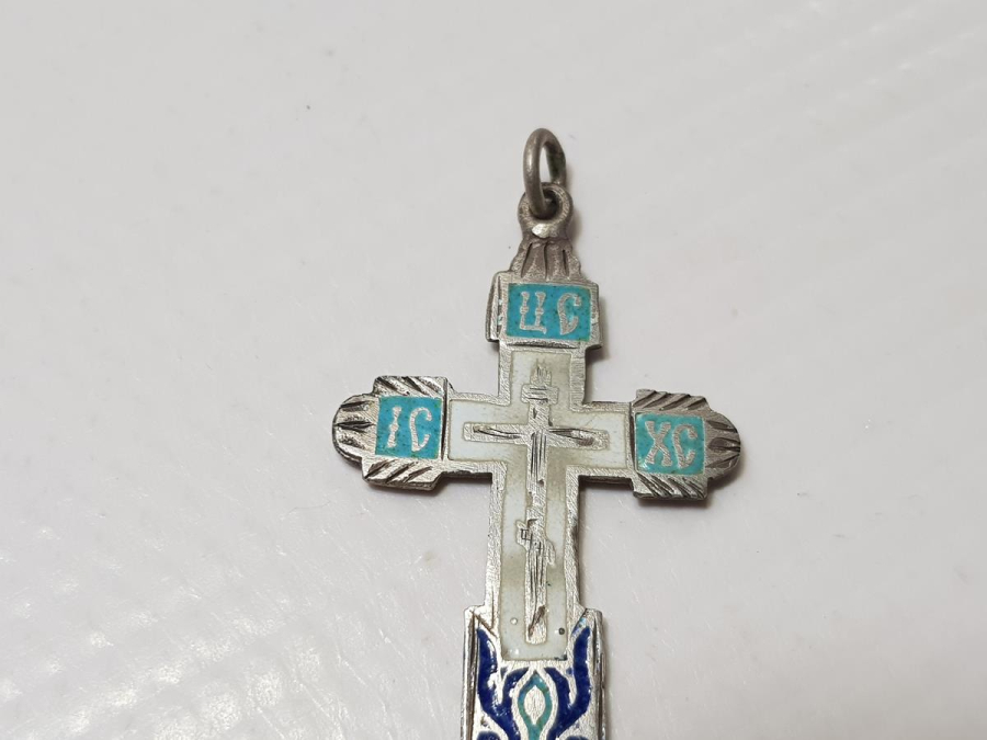 OSMANLI DÖNEMİ RUS İŞİ MİNELİ GÜMÜŞ HAÇ KOLYE