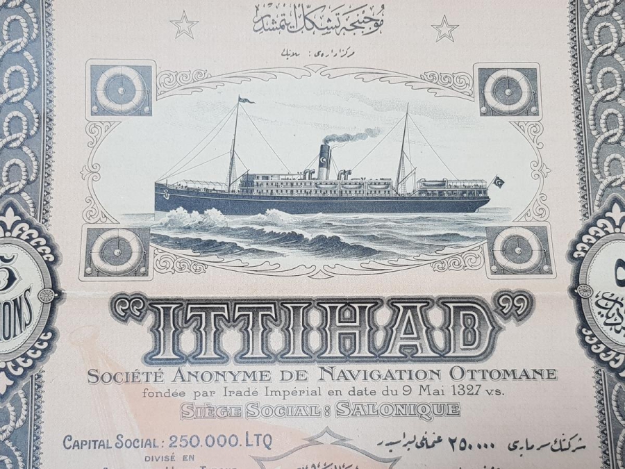 OSMANLI DÖNEMİ ÇOK NADİR GEMİ RESİMLİ İTTİHAD HİSSE SENEDİ