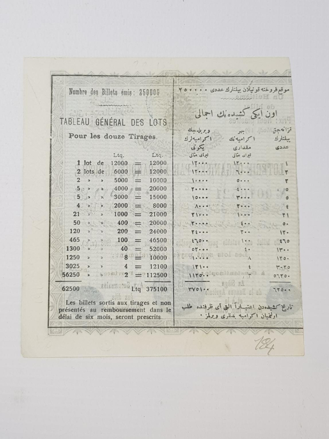 OSMANLI DÖNEMİ 1908 TARİHLİ ÇOK NADİR ZİRAAT BANKASI PİYANGO BİLETİ