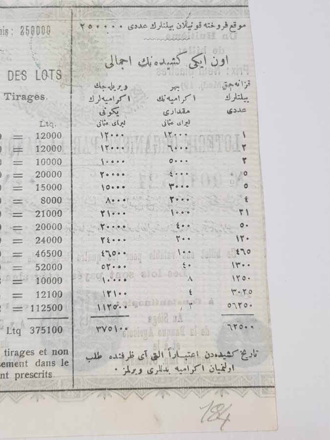 OSMANLI DÖNEMİ 1908 TARİHLİ ÇOK NADİR ZİRAAT BANKASI PİYANGO BİLETİ