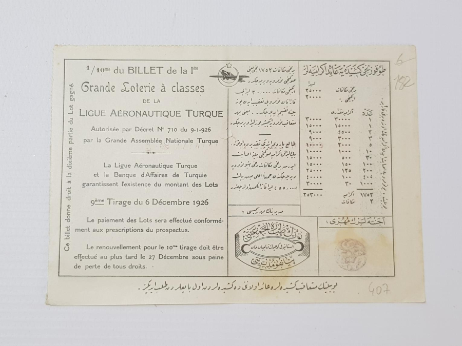 TÜRKİYE CUMHURİYETİ'NİN İLK PİYANGO BİLETİ