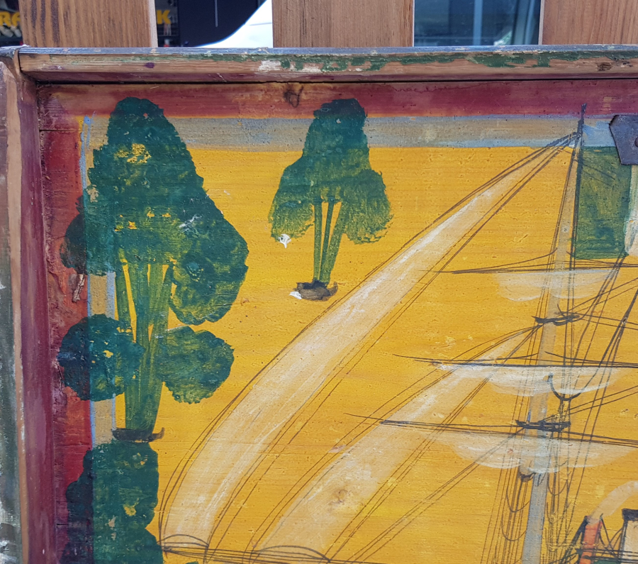 OSMANLI DÖNEMİ EL BOYAMA İTALYAN BAYRAKLI GEMİ RESİMLİ ÇOK NADİR SANDIK KAPAĞI