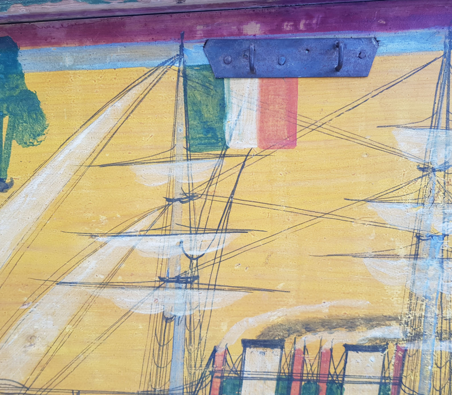 OSMANLI DÖNEMİ EL BOYAMA İTALYAN BAYRAKLI GEMİ RESİMLİ ÇOK NADİR SANDIK KAPAĞI