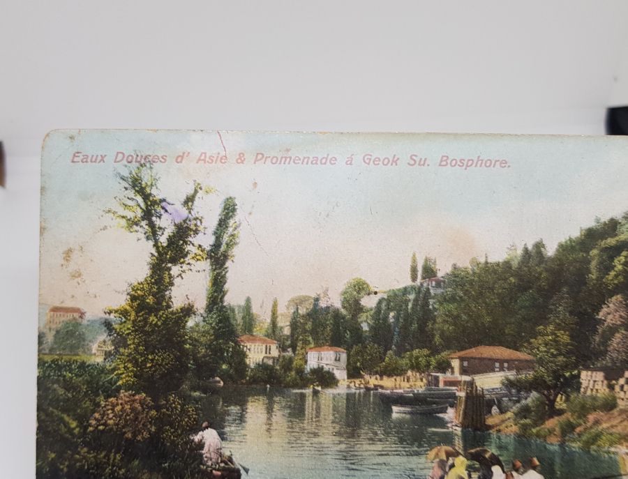 OSMANLI DÖNEMİ NADİR GÖKSU MANZARALI ARKASI OSMANLICA YAZILI POSTA DAMGALI KARTPOSTAL