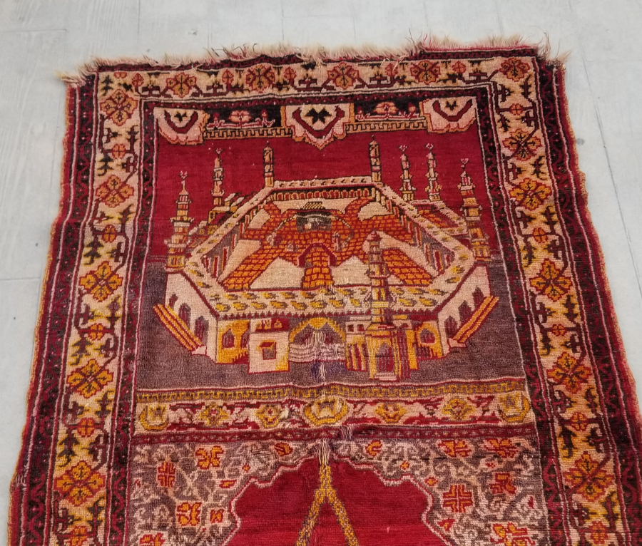 OSMANLI DÖNEMİ ÜZERİ YAZILI AY YILDIZLI VE KABE-İ ŞERİF GÖRSELLİ ÇOK NADİR TEKKE İŞİ SECCADE