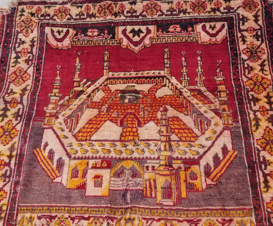 OSMANLI DÖNEMİ ÜZERİ YAZILI AY YILDIZLI VE KABE-İ ŞERİF GÖRSELLİ ÇOK NADİR TEKKE İŞİ SECCADE