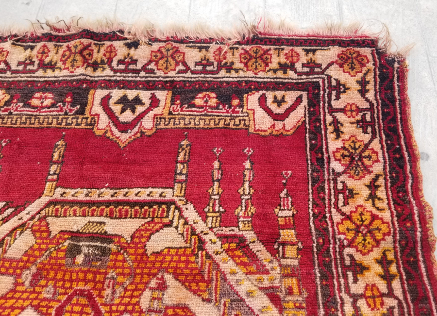 OSMANLI DÖNEMİ ÜZERİ YAZILI AY YILDIZLI VE KABE-İ ŞERİF GÖRSELLİ ÇOK NADİR TEKKE İŞİ SECCADE