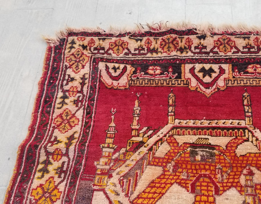 OSMANLI DÖNEMİ ÜZERİ YAZILI AY YILDIZLI VE KABE-İ ŞERİF GÖRSELLİ ÇOK NADİR TEKKE İŞİ SECCADE