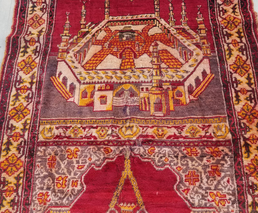 OSMANLI DÖNEMİ ÜZERİ YAZILI AY YILDIZLI VE KABE-İ ŞERİF GÖRSELLİ ÇOK NADİR TEKKE İŞİ SECCADE