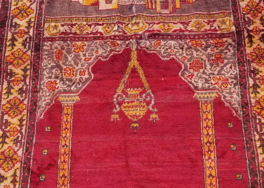 OSMANLI DÖNEMİ ÜZERİ YAZILI AY YILDIZLI VE KABE-İ ŞERİF GÖRSELLİ ÇOK NADİR TEKKE İŞİ SECCADE