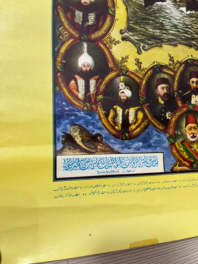 PADİŞAH VAHDEDDİN HAN DÖNEMİ ÇOK NADİR OSMANLI PADİŞAHLARINI GÖSTERİR RENKLİ BASKI SOY AĞACI PANO