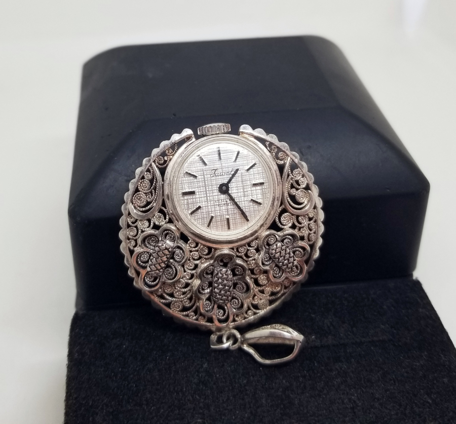 ÖZEL YAPIM ANTİKA GÜMÜŞ KURMALI KOLYE SAAT