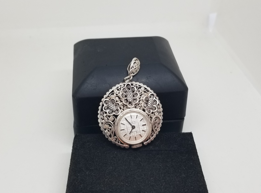 ÖZEL YAPIM ANTİKA GÜMÜŞ KURMALI KOLYE SAAT