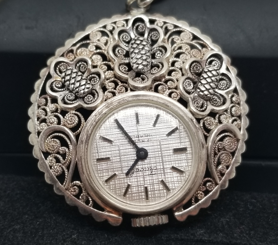 ÖZEL YAPIM ANTİKA GÜMÜŞ KURMALI KOLYE SAAT