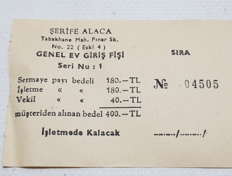 ÇOK NADİR ANTİKA GENEL EV GİRİŞ FİŞİ