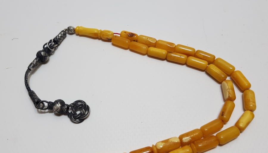 GÜMÜŞ PÜSKÜLLÜ YERLİ USTA YAPIMI MUHAYYER DAMLA KEHRİBAR TESPİH