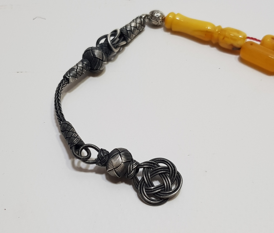 GÜMÜŞ PÜSKÜLLÜ YERLİ USTA YAPIMI MUHAYYER DAMLA KEHRİBAR TESPİH