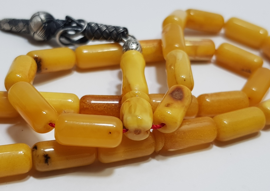 GÜMÜŞ PÜSKÜLLÜ YERLİ USTA YAPIMI MUHAYYER DAMLA KEHRİBAR TESPİH