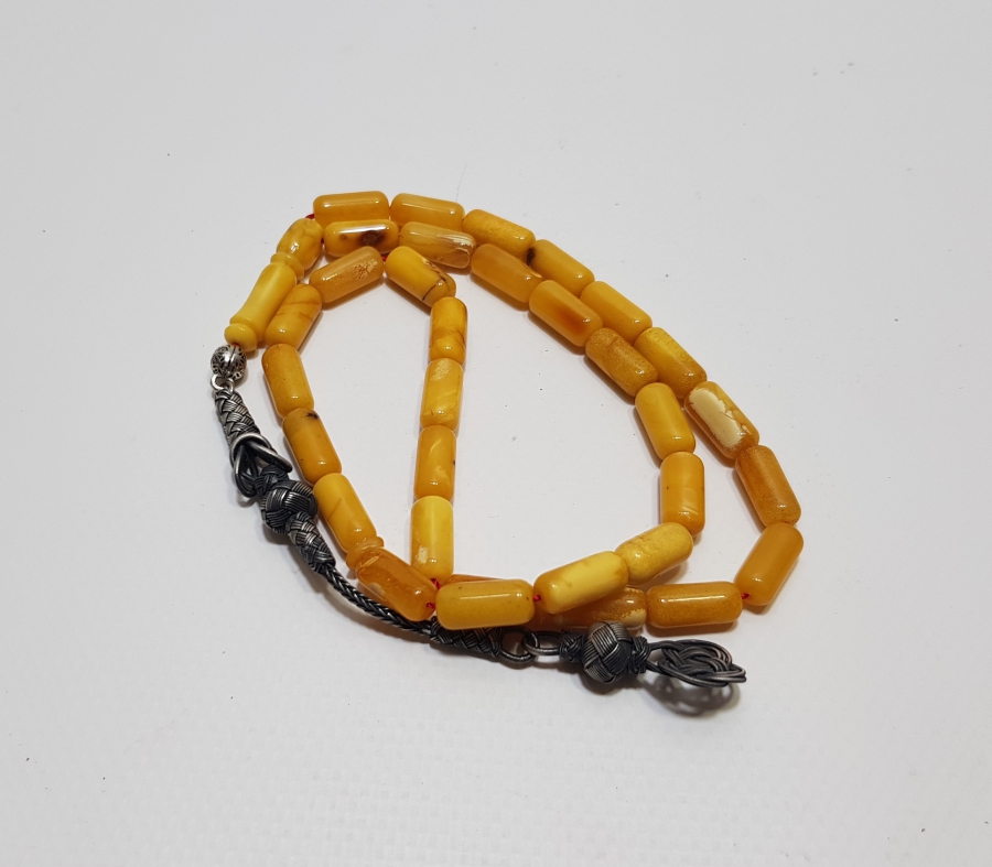 GÜMÜŞ PÜSKÜLLÜ YERLİ USTA YAPIMI MUHAYYER DAMLA KEHRİBAR TESPİH