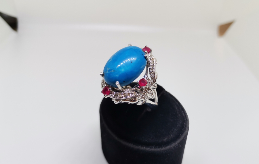 FİRUZE YAKUT VE PIRLANTA TAŞLI BÜYÜK BOY YÜZÜK