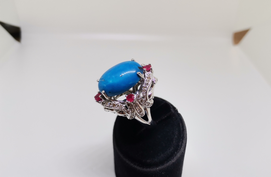 FİRUZE YAKUT VE PIRLANTA TAŞLI BÜYÜK BOY YÜZÜK