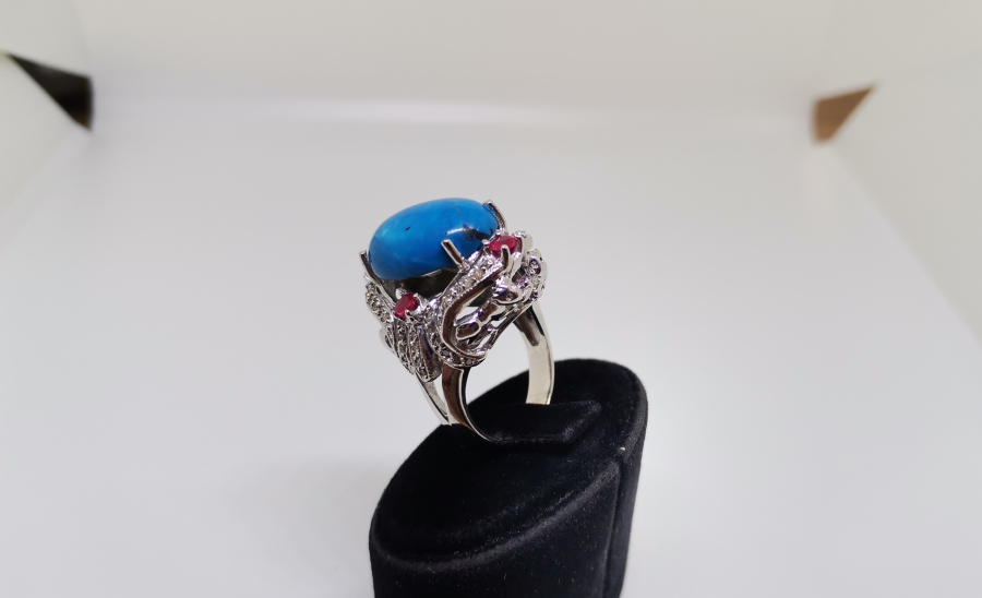 FİRUZE YAKUT VE PIRLANTA TAŞLI BÜYÜK BOY YÜZÜK