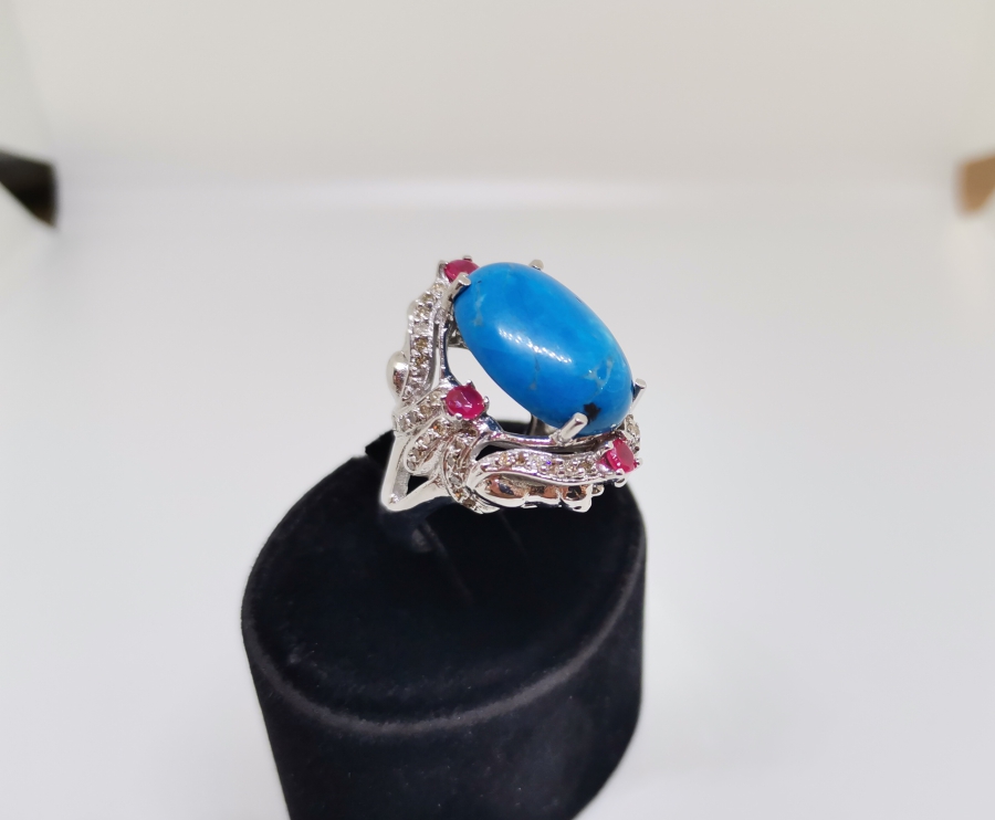 FİRUZE YAKUT VE PIRLANTA TAŞLI BÜYÜK BOY YÜZÜK