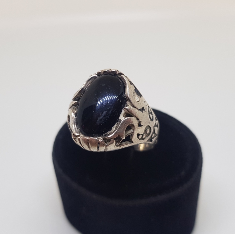 SİYAH AKİK TAŞLI GÜMÜŞ ERKEK YÜZÜĞÜ