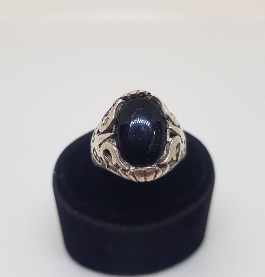 SİYAH AKİK TAŞLI GÜMÜŞ ERKEK YÜZÜĞÜ