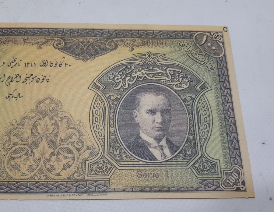 T.C. 1. EMİSYON OSMANLICA YAZILI MATBU BASKI 100 LİRA