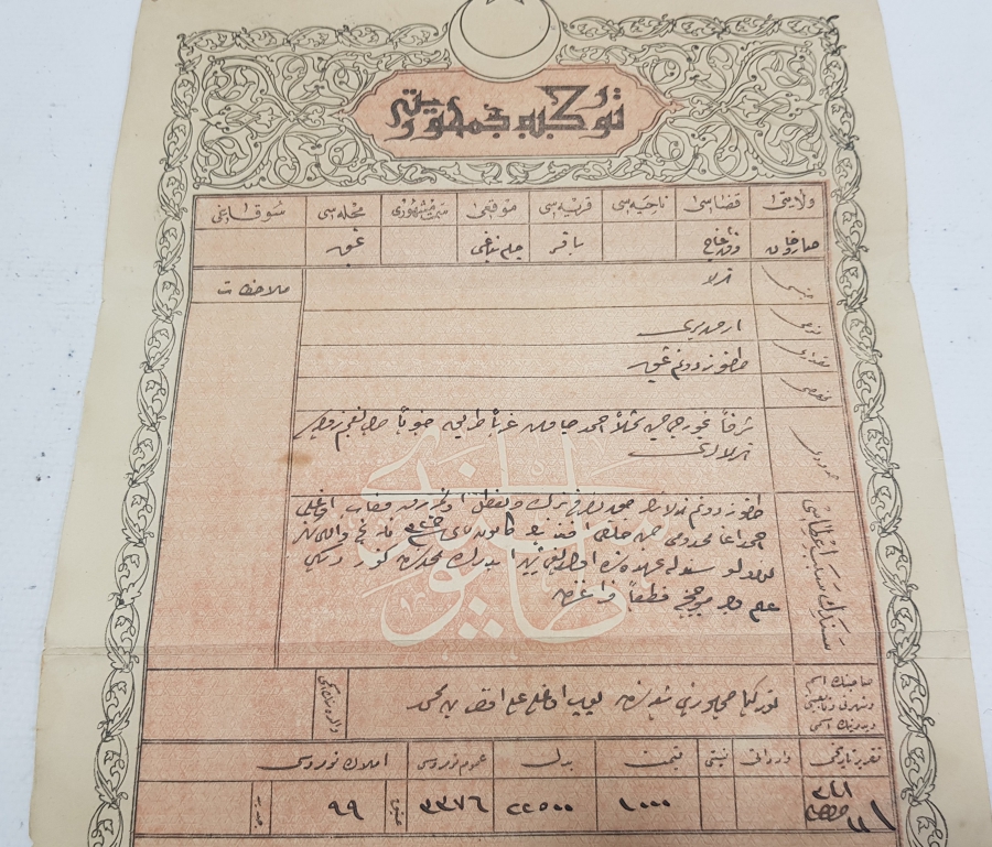 CUMHURİYET İLK DÖNEM OSMANLICA TAPU SENEDİ